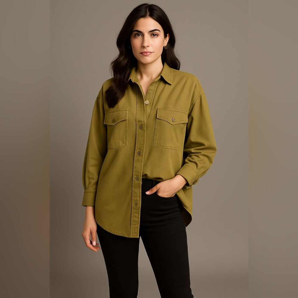 Zara khaki mustard oversized shirt thin jacket snap closure M-L NWT R. $69
